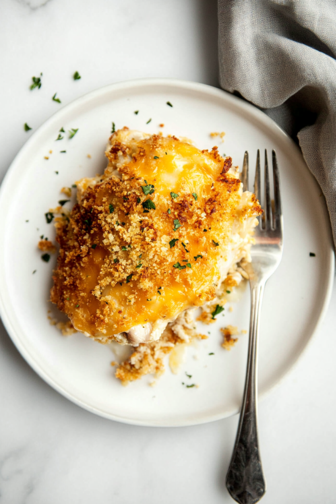 A serving of crispy cheddar ranch chicken on a plate, garnished with fresh parsley and accompanied by a side of vegetables.