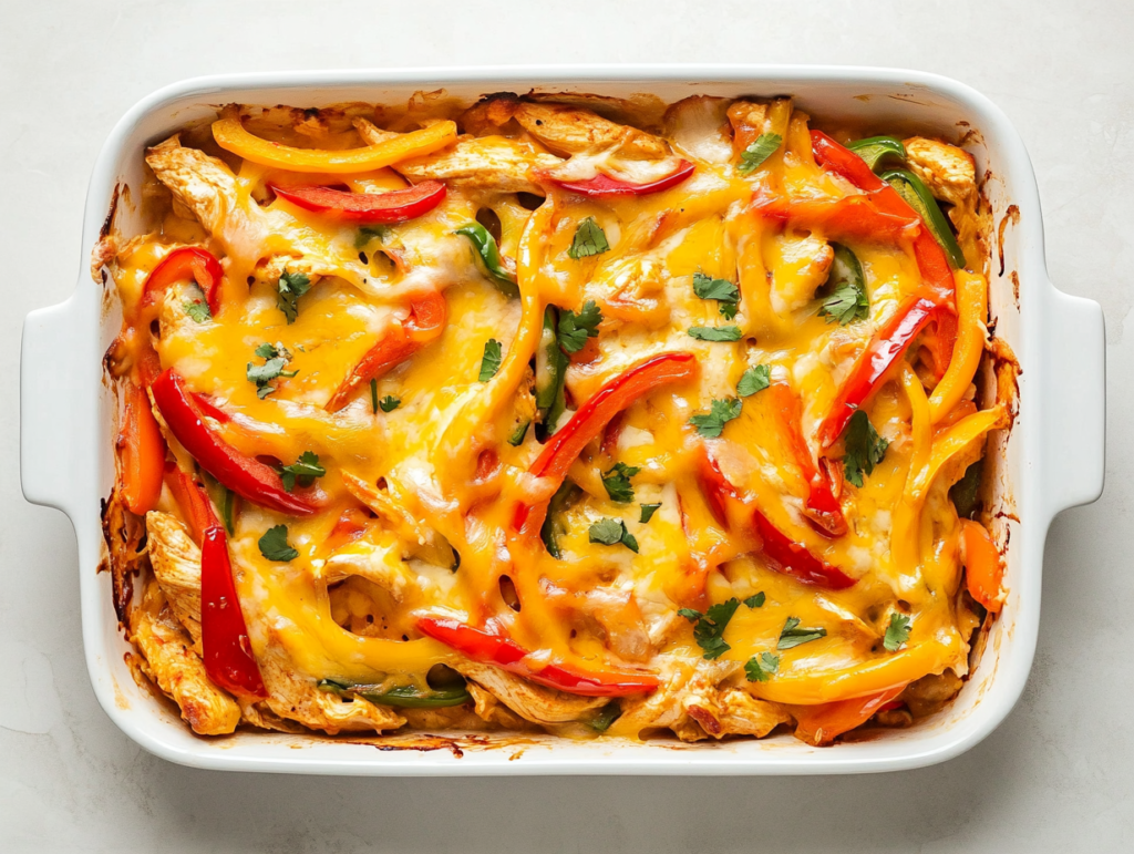 A freshly baked chicken fajita casserole in a baking dish, topped with melted golden cheese, diced tomatoes, and green chiles.