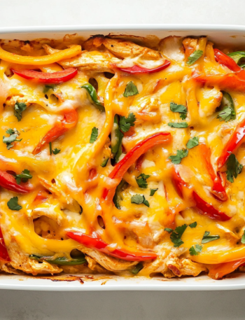 A freshly baked chicken fajita casserole in a baking dish, topped with melted golden cheese, diced tomatoes, and green chiles.