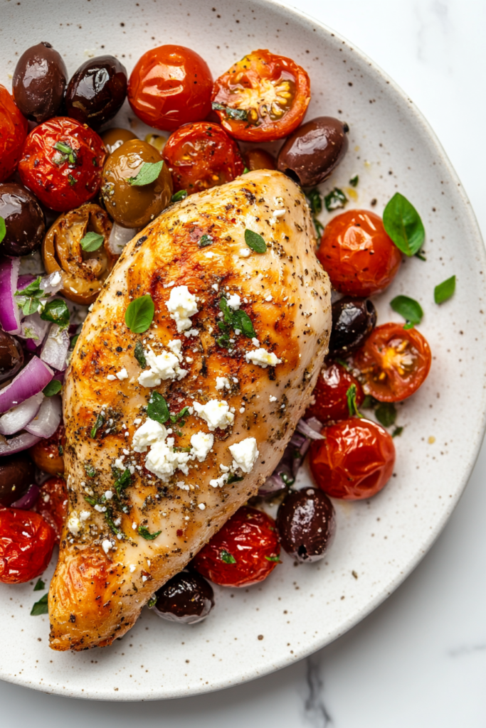Juicy baked Mediterranean chicken topped with cherry tomatoes, kalamata olives, red onions, and crumbled feta cheese, served in a skillet.