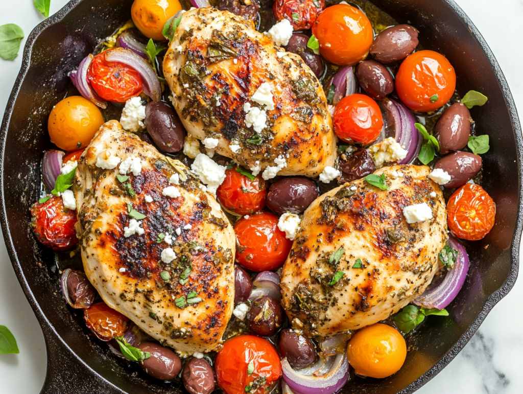 Marinated chicken breasts arranged in a cast iron skillet, drizzled with leftover marinade, ready to be baked in the oven at 450°F.