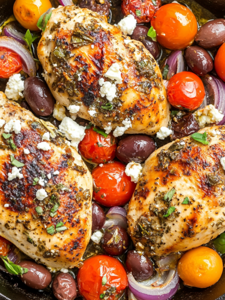 Marinated chicken breasts arranged in a cast iron skillet, drizzled with leftover marinade, ready to be baked in the oven at 450°F.