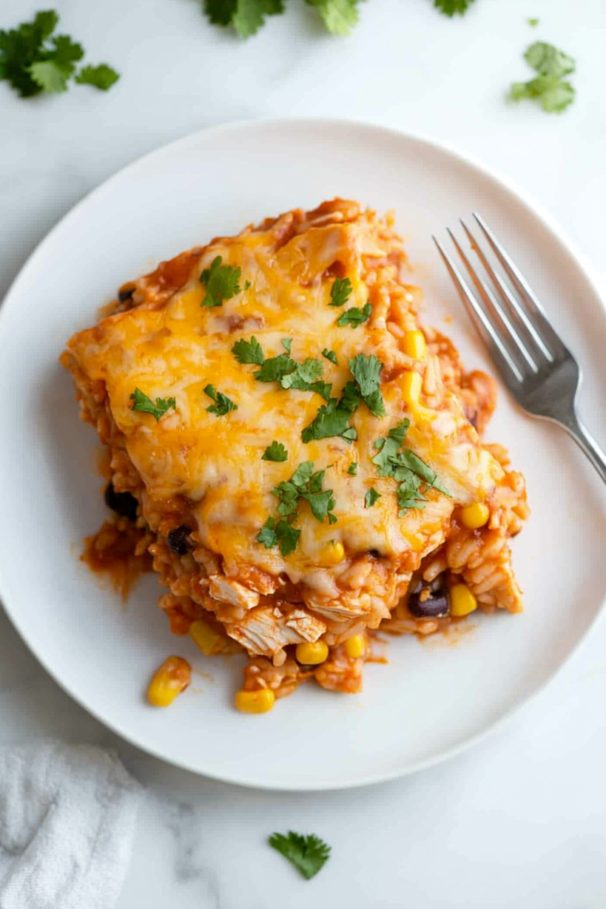 A generous serving of chicken enchilada rice casserole on a plate showing distinct layers of seasoned rice, shredded chicken, melted cheese, beans, and corn, topped with fresh cilantro for a flavorful Mexican-inspired meal.