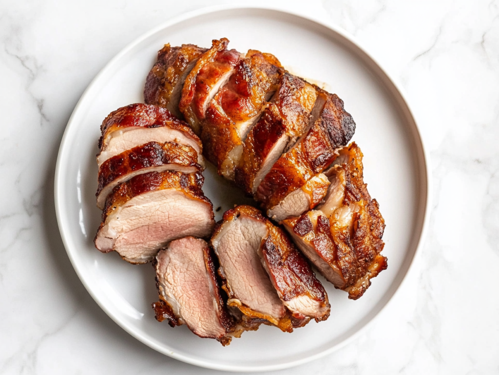 A bacon-wrapped pork tenderloin in a roasting pan, seasoned with garlic, brown sugar, and rosemary, ready to be roasted in the oven.