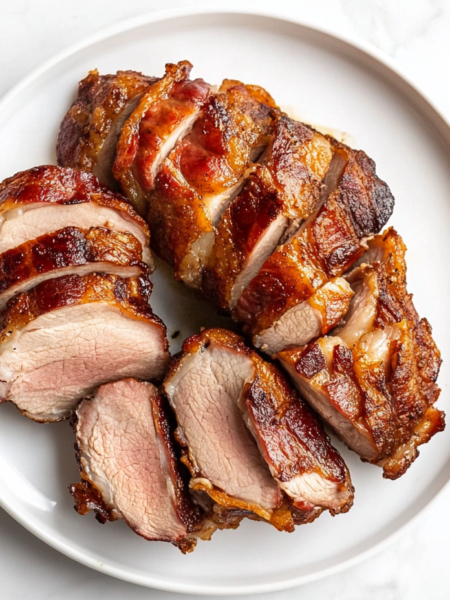 A bacon-wrapped pork tenderloin in a roasting pan, seasoned with garlic, brown sugar, and rosemary, ready to be roasted in the oven.