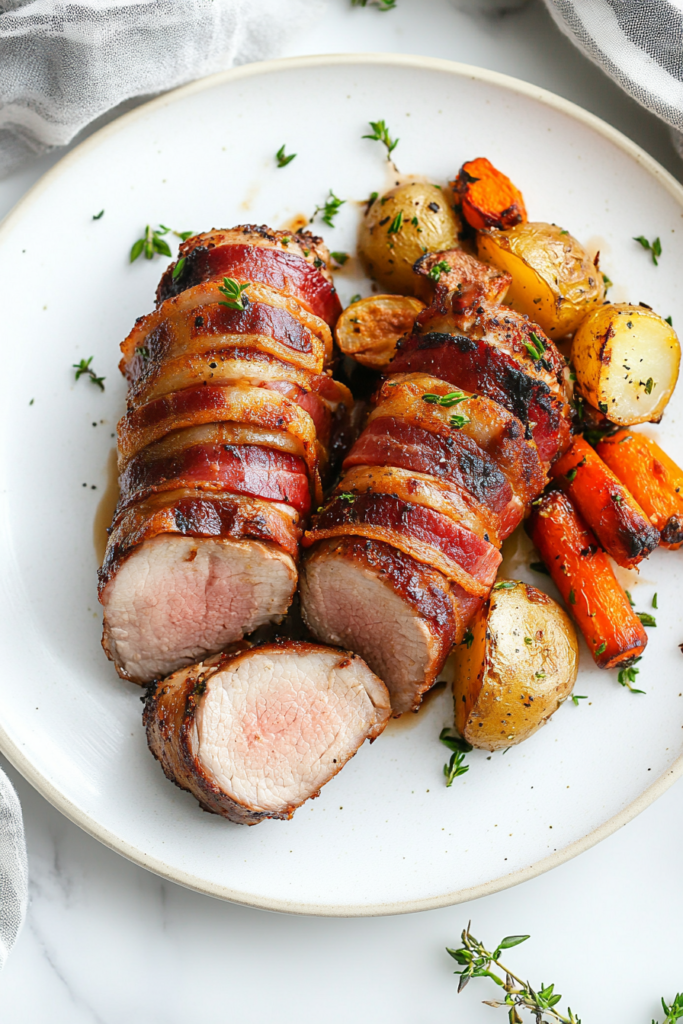 Juicy slices of bacon-wrapped pork tenderloin on a plate, garnished with fresh rosemary and served with a side dish.