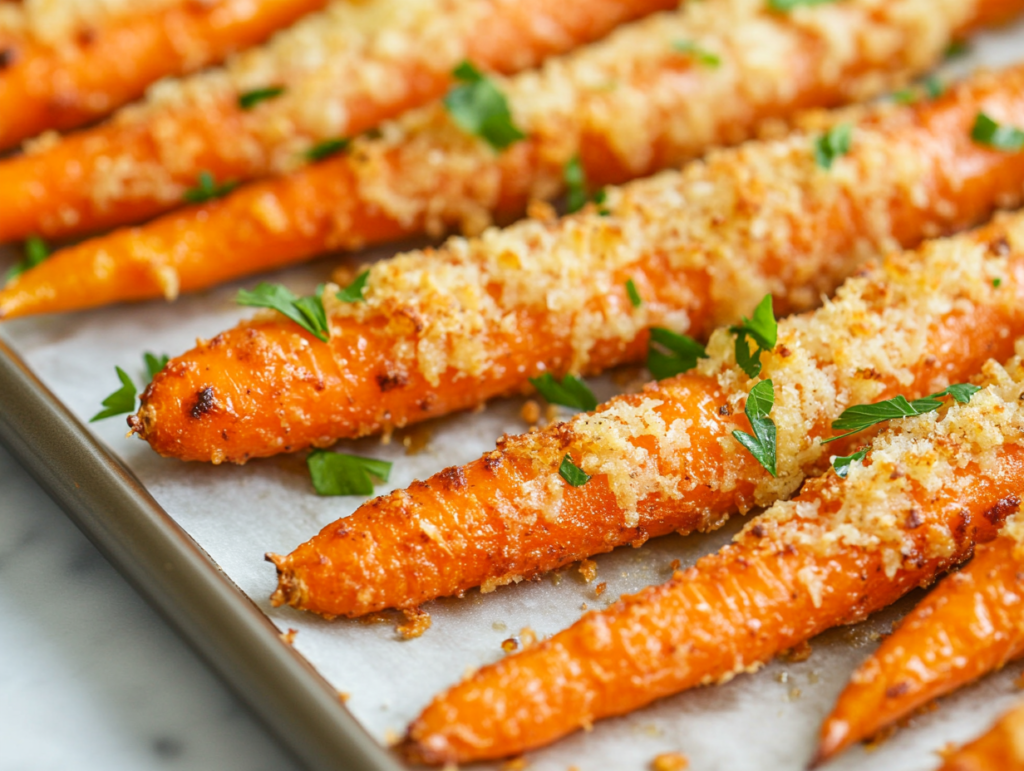 A plate of crispy Parmesan-coated roasted carrots, garnished with fresh herbs. The rich seasoning and melted cheese create a flavorful, crunchy exterior, making them a delicious and visually appealing side dish.