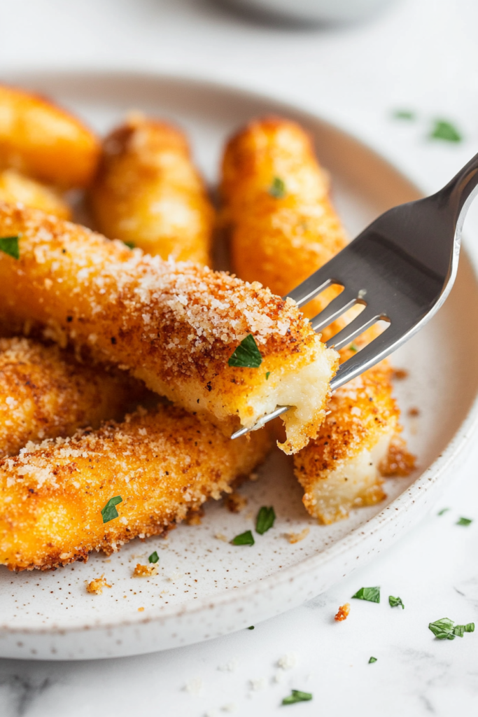 A plate of crispy Parmesan-coated roasted carrots, garnished with fresh herbs. The rich seasoning and melted cheese create a flavorful, crunchy exterior, making them a delicious and visually appealing side dish.
