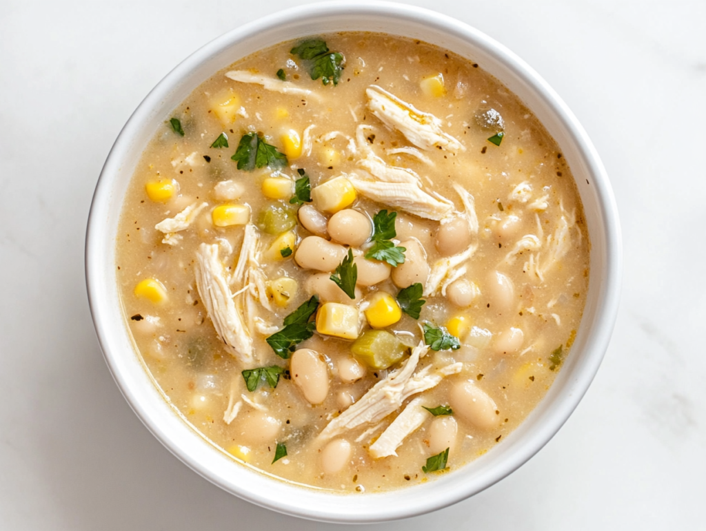 A large pot of creamy white chicken chili simmering on the stove, filled with tender shredded chicken, beans, corn, and a blend of spices.