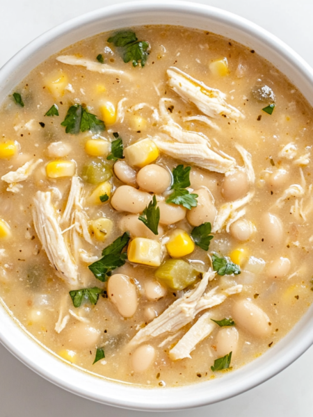 A large pot of creamy white chicken chili simmering on the stove, filled with tender shredded chicken, beans, corn, and a blend of spices.