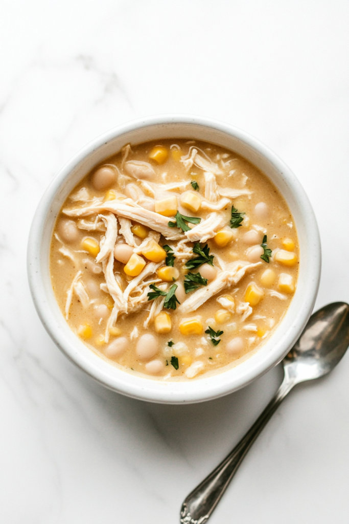 A warm bowl of creamy white chicken chili garnished with fresh cilantro and a wedge of lime, served with a side of tortilla chips.