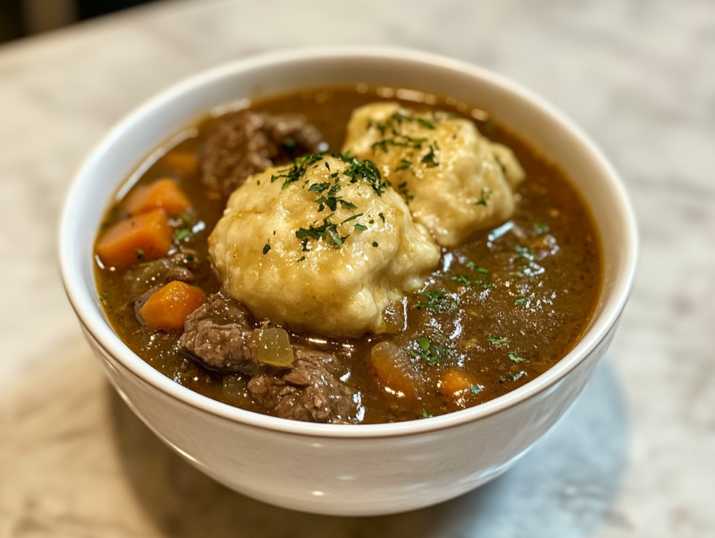 A steaming bowl of beef stew with golden dumplings resting on top, garnished with fresh parsley. The rich, dark broth glistens, filled with tender chunks of beef, carrots, and celery, creating a comforting and hearty meal.