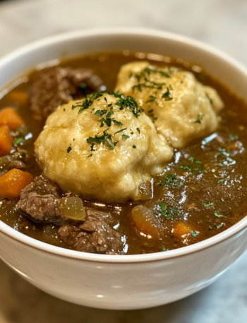 A steaming bowl of beef stew with golden dumplings resting on top, garnished with fresh parsley. The rich, dark broth glistens, filled with tender chunks of beef, carrots, and celery, creating a comforting and hearty meal.