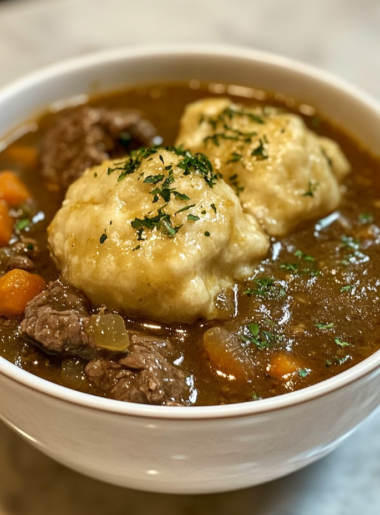 A steaming bowl of beef stew with golden dumplings resting on top, garnished with fresh parsley. The rich, dark broth glistens, filled with tender chunks of beef, carrots, and celery, creating a comforting and hearty meal.