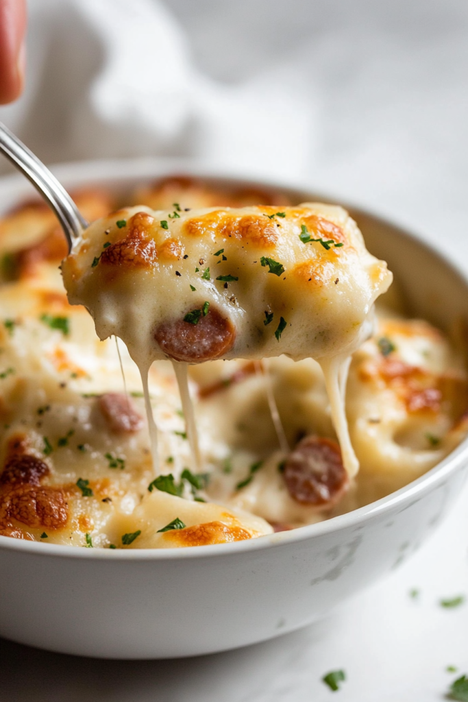 This image shows a serving of crockpot-cooked pierogi with kielbasa and caramelized onions on a plate, garnished with fresh herbs for a delicious, comforting meal."