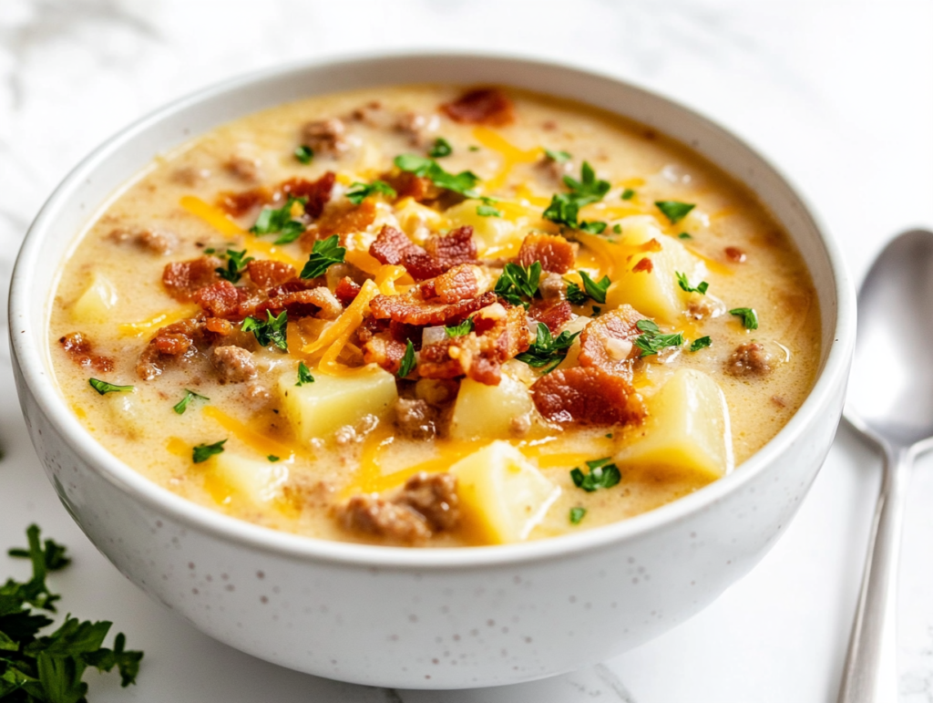 A steaming bowl of creamy sausage and potato soup, garnished with fresh herbs and a sprinkle of cheese, served in a rustic ceramic bowl.