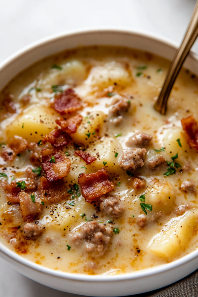  A ladle pouring rich, creamy sausage and potato soup into a bowl, with chunks of sausage, potatoes, and corn visible in the velvety broth.