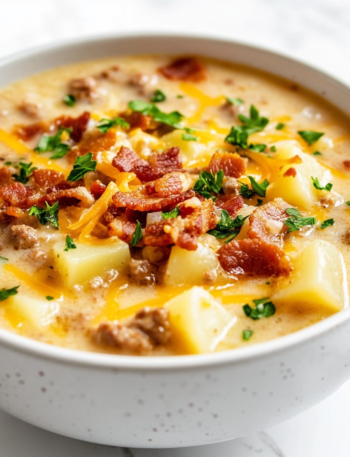 A steaming bowl of creamy sausage and potato soup, garnished with fresh herbs and a sprinkle of cheese, served in a rustic ceramic bowl.