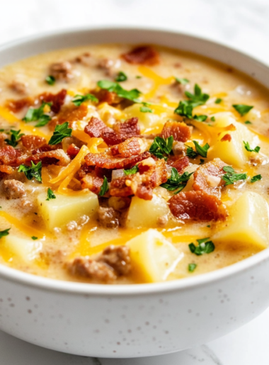 A steaming bowl of creamy sausage and potato soup, garnished with fresh herbs and a sprinkle of cheese, served in a rustic ceramic bowl.