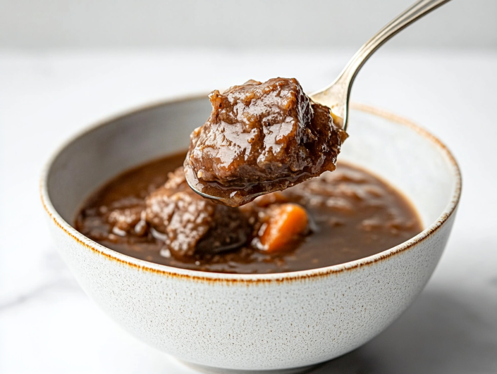 This image shows the Ninja Foodi pot filled with browned beef, ale, chopped onions, carrots, and celery, ready to slow cook into a rich and hearty stew."