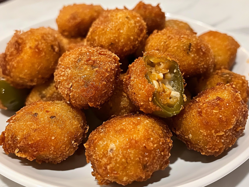 A plate of golden, crispy jalapeño popper bites piled high, with a side of creamy ranch dressing. The crunchy coating glistens under the light, hinting at the gooey, cheesy filling inside.