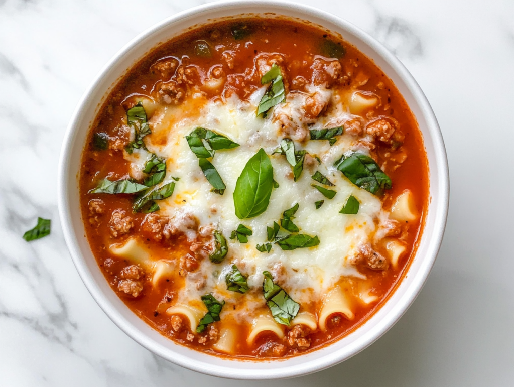 A slow cooker filled with rich tomato-based lasagna soup, with chunks of ground beef, diced tomatoes, mushrooms, and bell peppers simmering together.