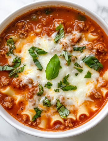 A slow cooker filled with rich tomato-based lasagna soup, with chunks of ground beef, diced tomatoes, mushrooms, and bell peppers simmering together.