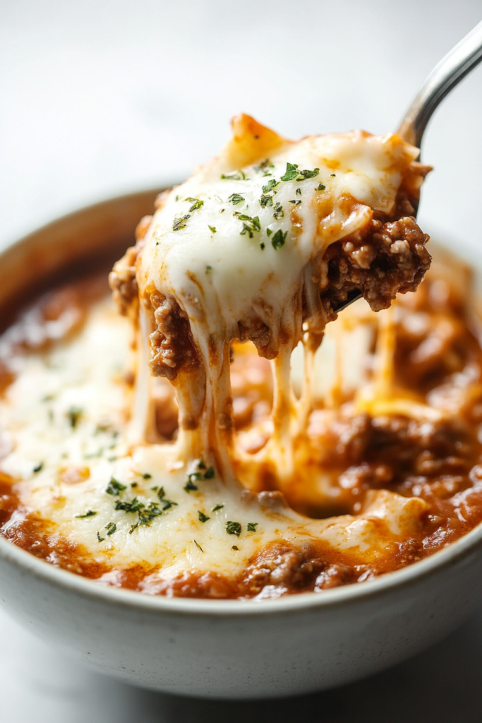 A steaming bowl of slow cooker lasagna soup topped with melted cheese and fresh basil, served with a side of crusty bread.

