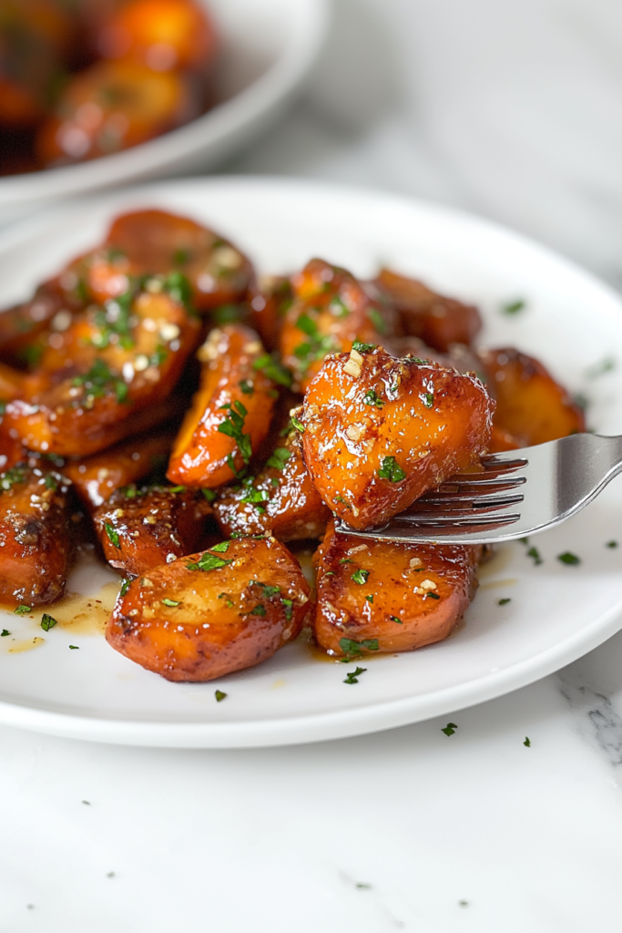 A plate of roasted carrots glistening with honey garlic glaze, garnished with fresh parsley and served warm.