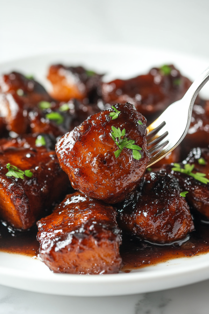 This image shows a plate of golden-brown roasted carrots garnished with fresh herbs, glistening with caramelized sugar and butter, ready to be served."