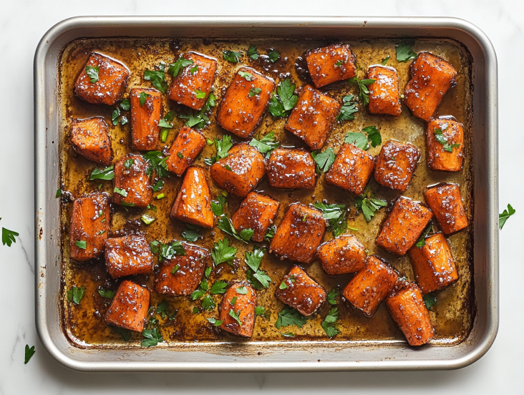 This image shows freshly chopped carrots on a parchment-lined baking sheet, ready to be coated with a buttery, sweet, and savory seasoning before roasting."