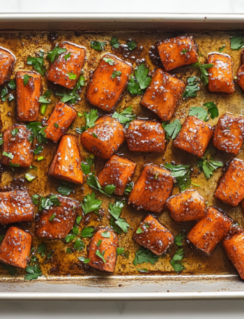 This image shows freshly chopped carrots on a parchment-lined baking sheet, ready to be coated with a buttery, sweet, and savory seasoning before roasting."