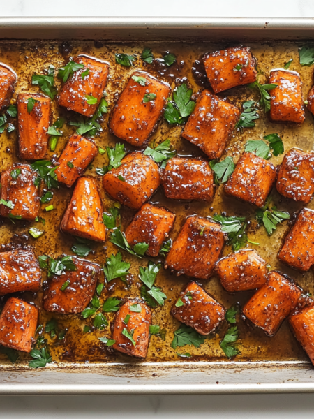 This image shows freshly chopped carrots on a parchment-lined baking sheet, ready to be coated with a buttery, sweet, and savory seasoning before roasting."