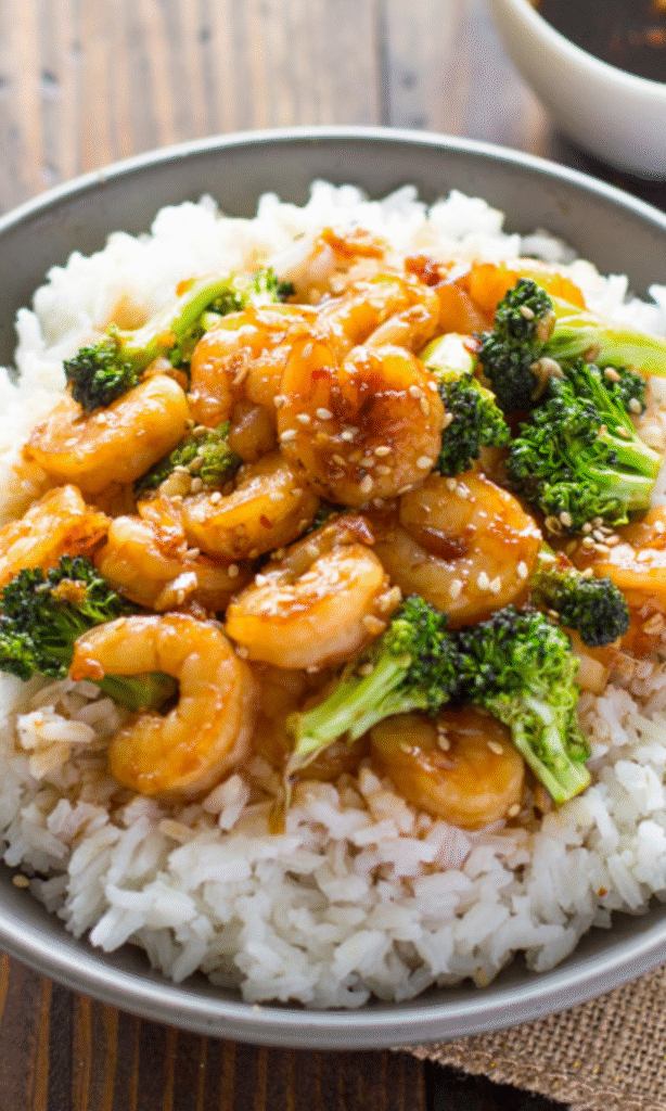 Honey Garlic Shrimp Bowls with Roasted Broccoli Recipe