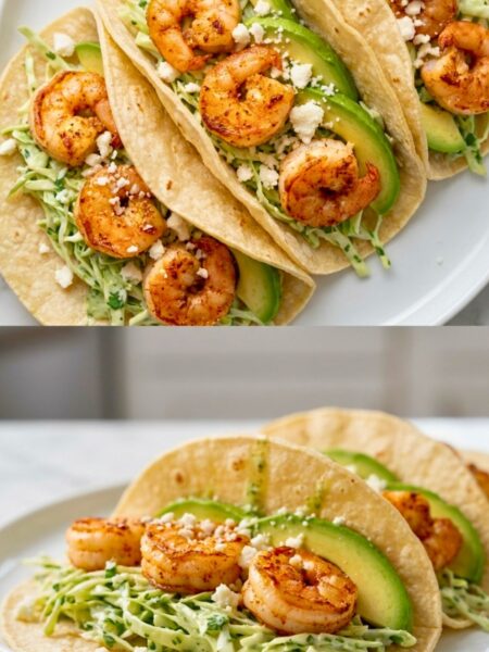 Spicy Shrimp Tacos with Garlic Cilantro Lime Slaw